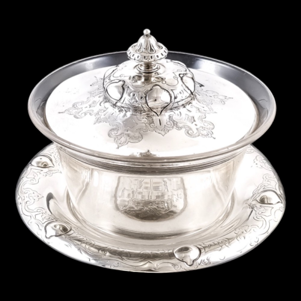 Early Victorian Edward & John Barnard sterling silver large butter dish, Islamic design, coat of arms
