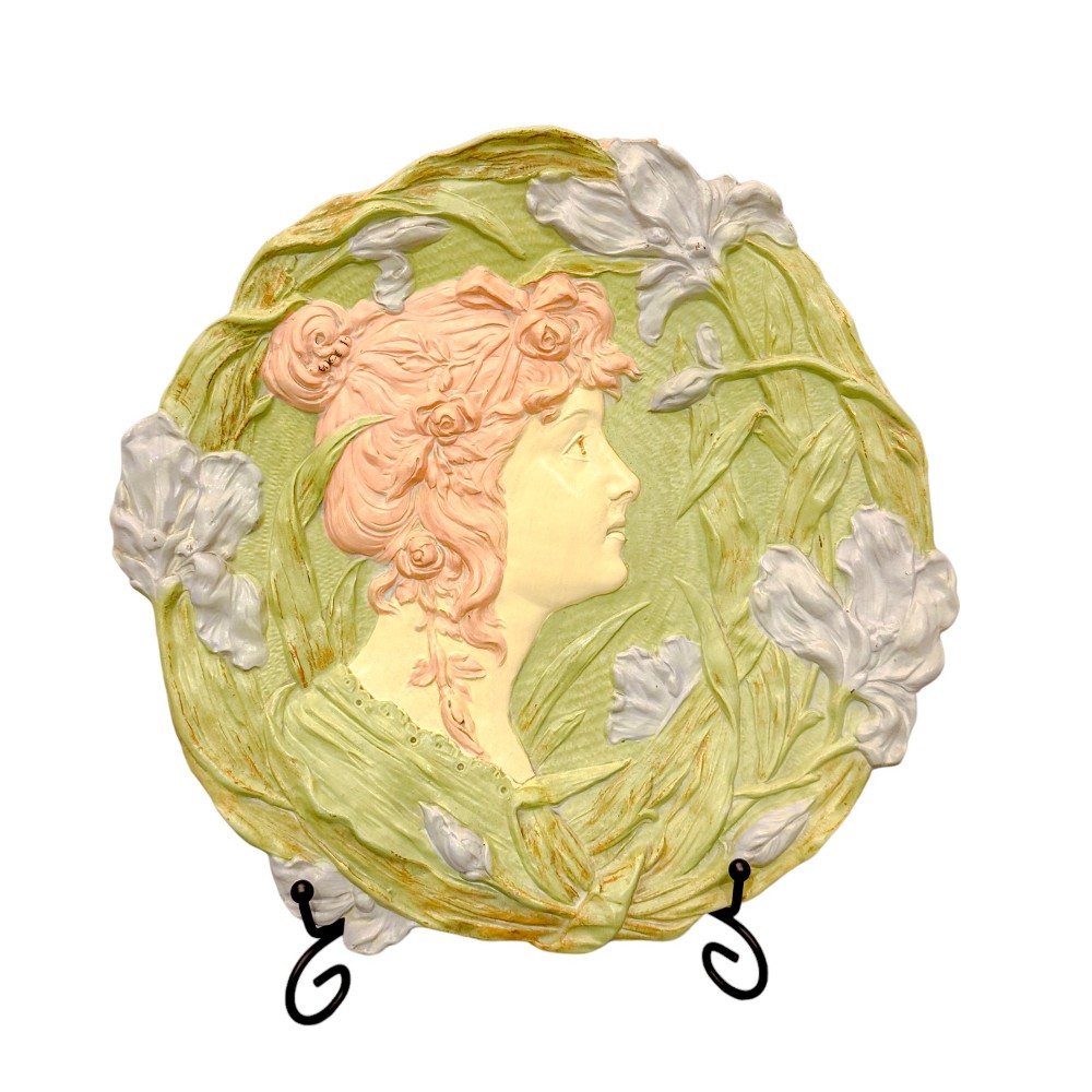 Art Nouveau Ernst Wahliss Vienna Secession wall plate of young woman among iris flowers