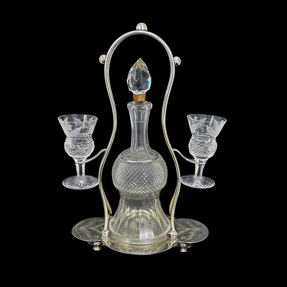 Antique Victorian Edinburgh crystal 'Thistle' decanter set, 2 cordial glasses, silver plated stand
