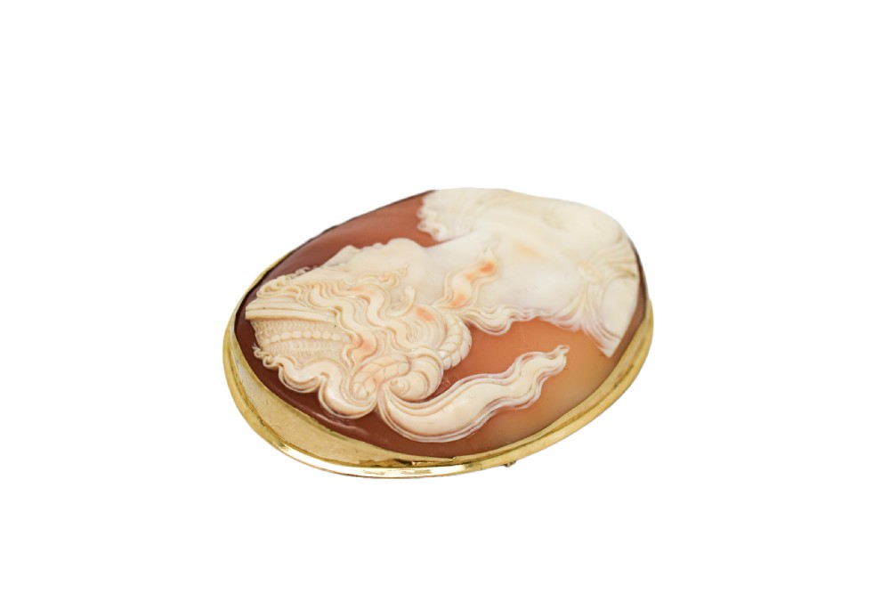 Antique 18ct gold large cameo brooch of Greek woman with snake coiling on her breast View III