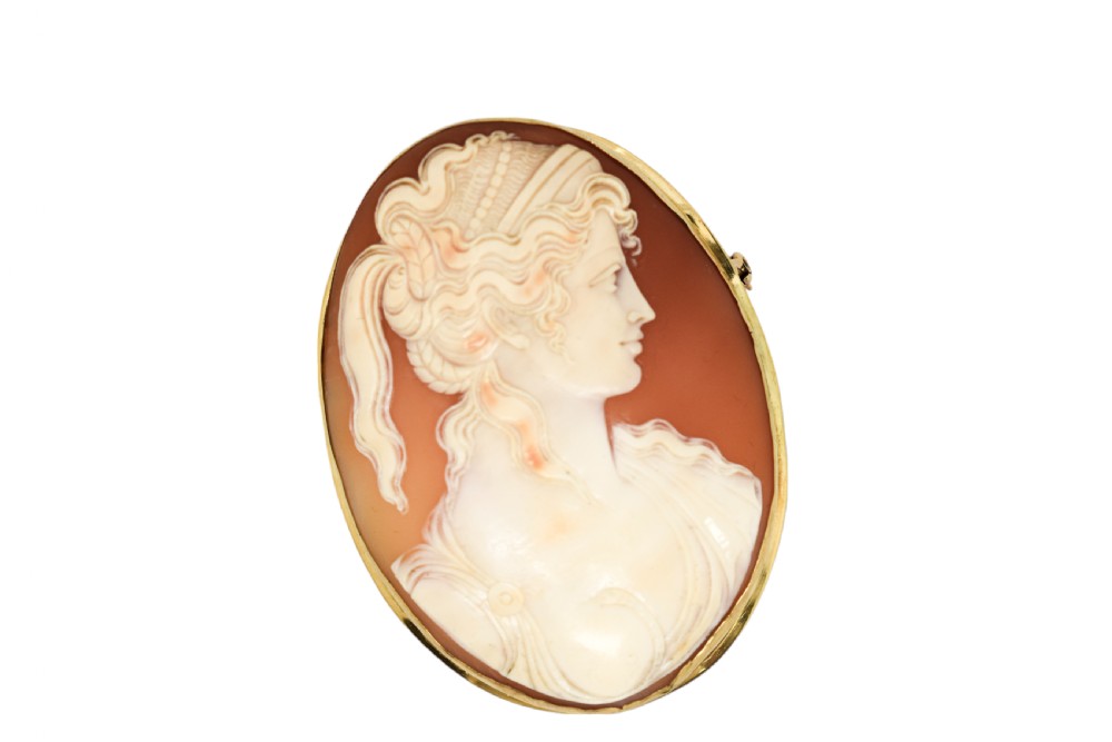 Antique 18ct gold large cameo brooch of Greek woman with snake coiling on her breast View IV