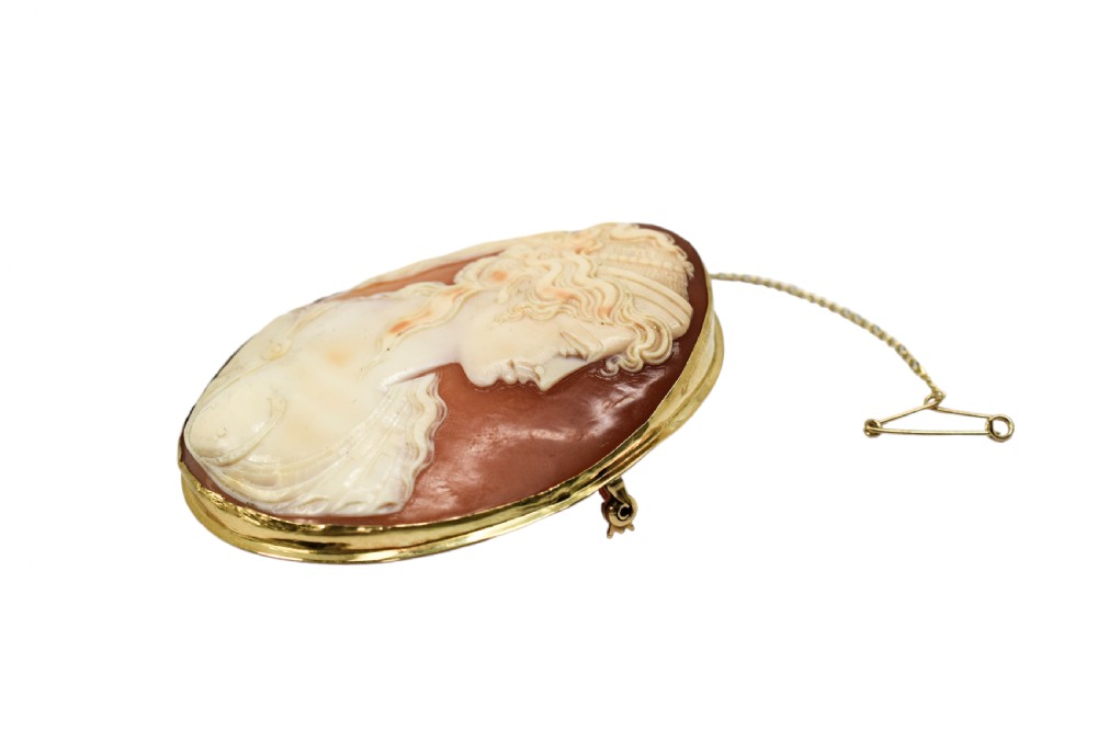 Antique 18ct gold large cameo brooch of Greek woman with snake coiling on her breast View V
