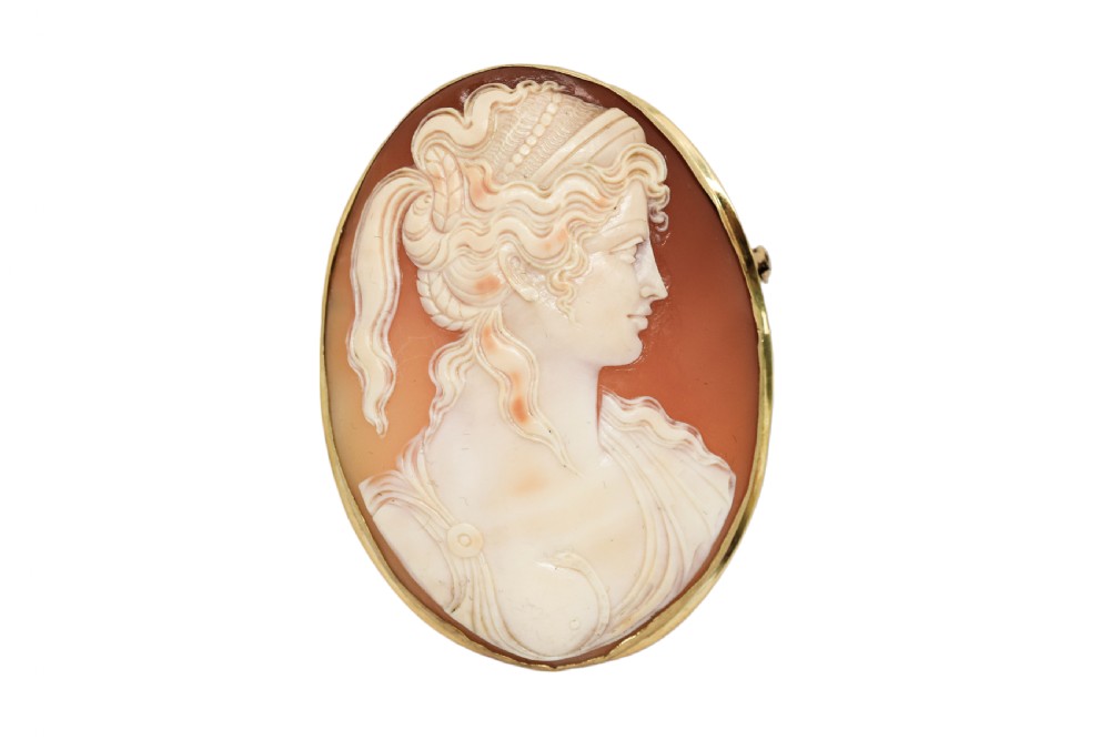 Antique 18ct gold large cameo brooch of Greek woman with snake coiling on her breast View VI