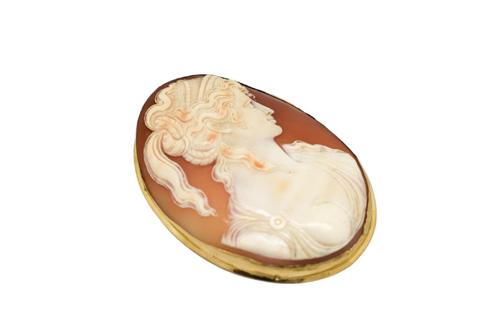 Antique 18ct gold large cameo brooch of Greek woman with snake coiling on her breast View VII