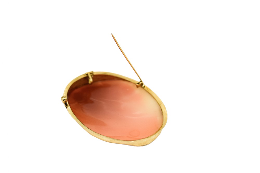 Antique 18ct gold large cameo brooch of Greek woman with snake coiling on her breast View X