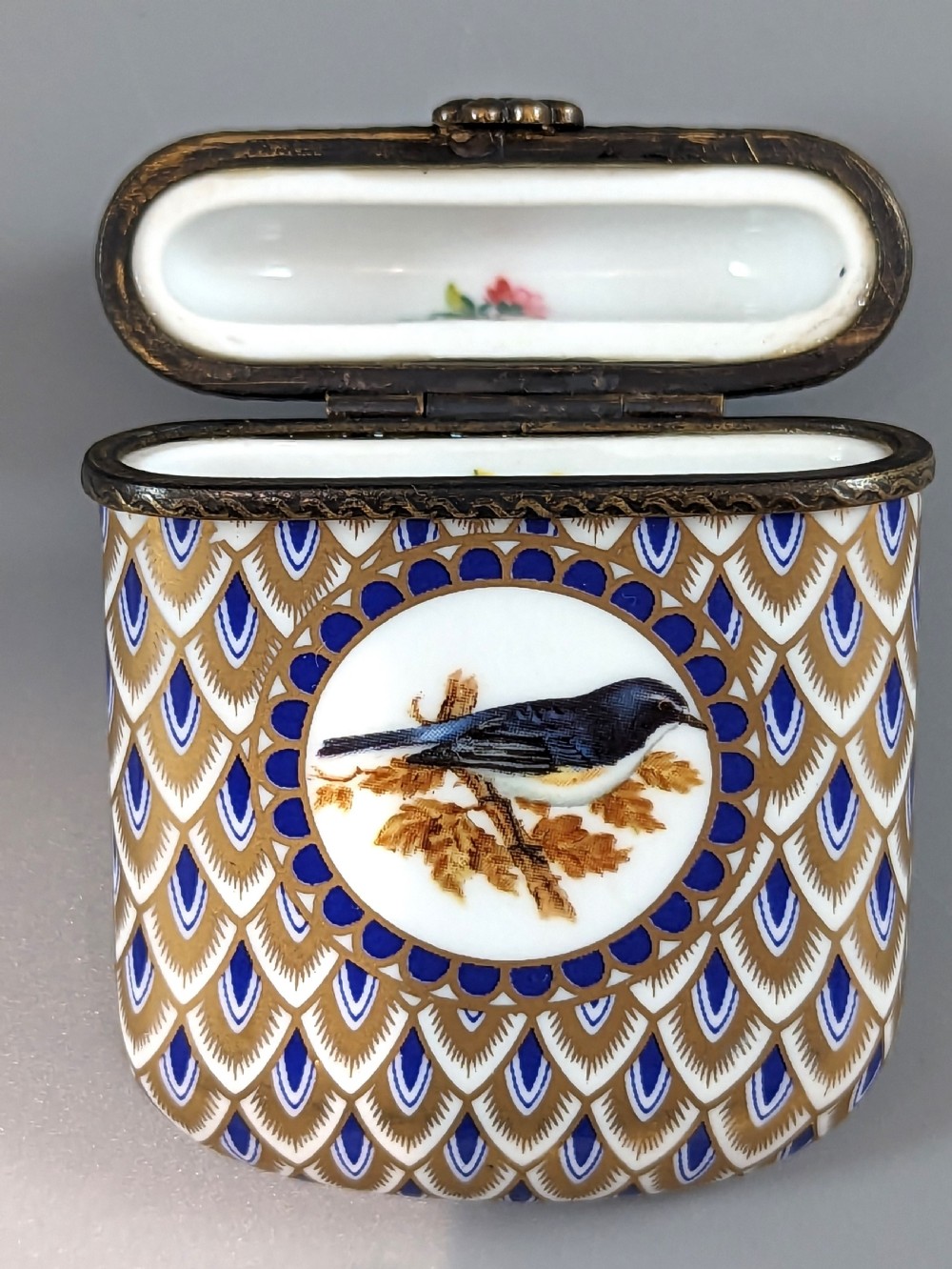 Antique French Bronze and Enamel Porcelain Match Box, Porcelain Vesta Case View III