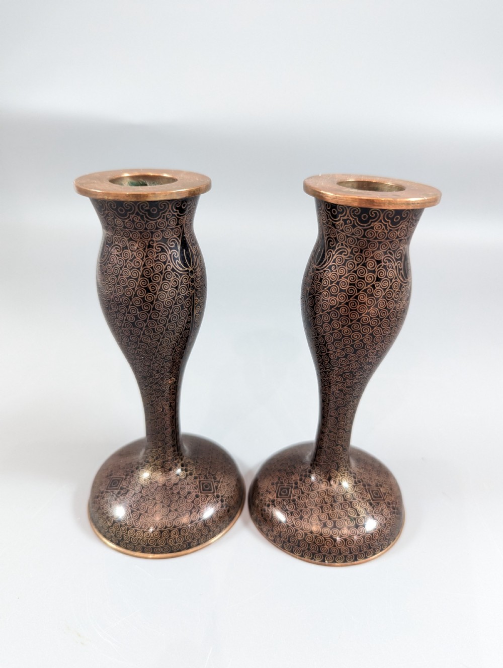Antique  Chinese Black Cloisonne   enamel candlesticks  19th century View II