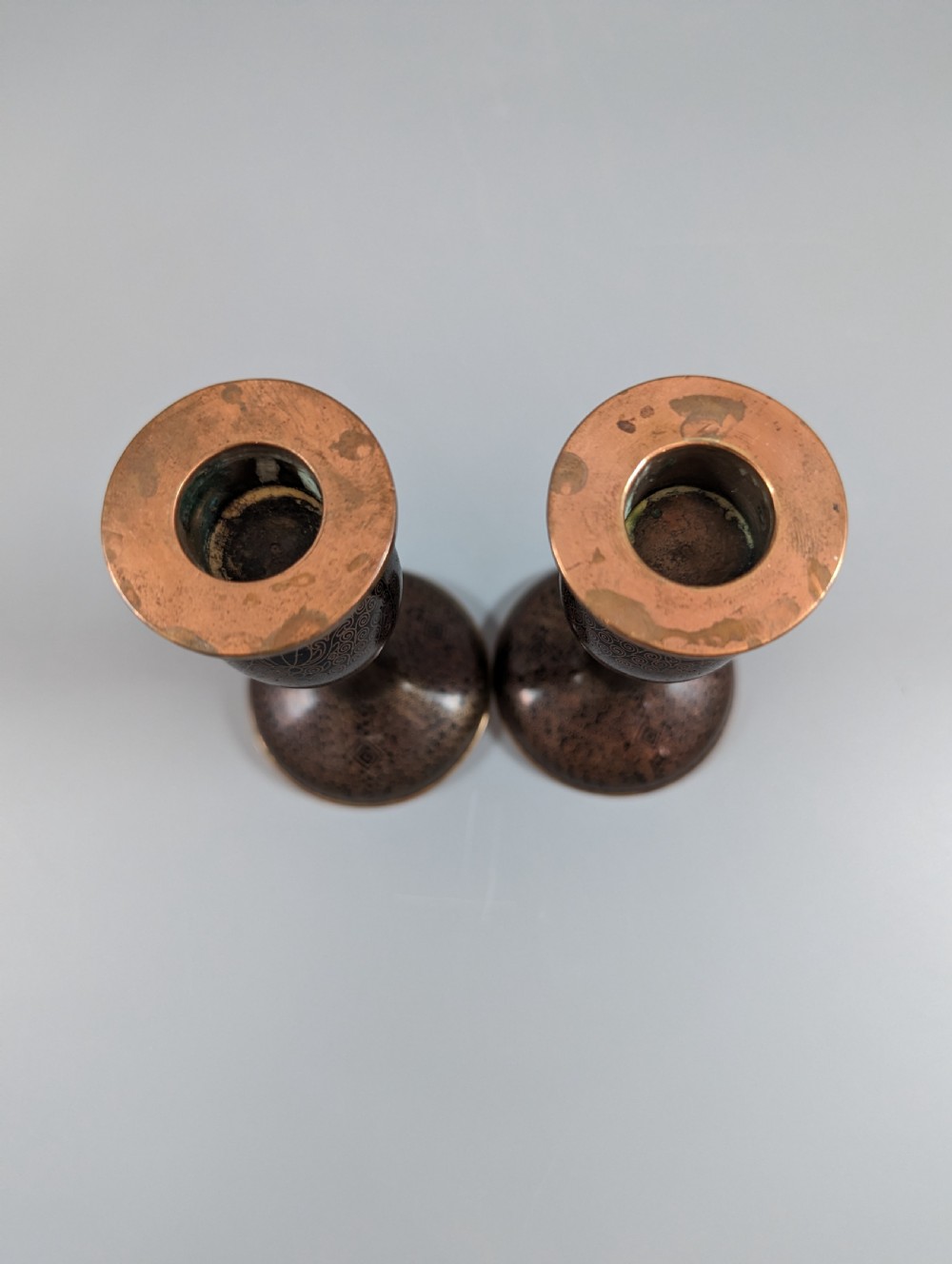 Antique  Chinese Black Cloisonne   enamel candlesticks  19th century View V