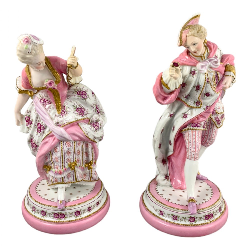 Antique Vion & Baury Paris porcelain pair of 2 figurines of masquerade dancers, Rococo pink floral costumes