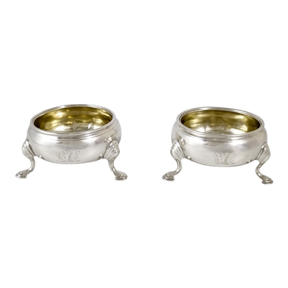 George II gilt sterling silver pair 2 tripod cauldron salts, unicorn family crest, 1743