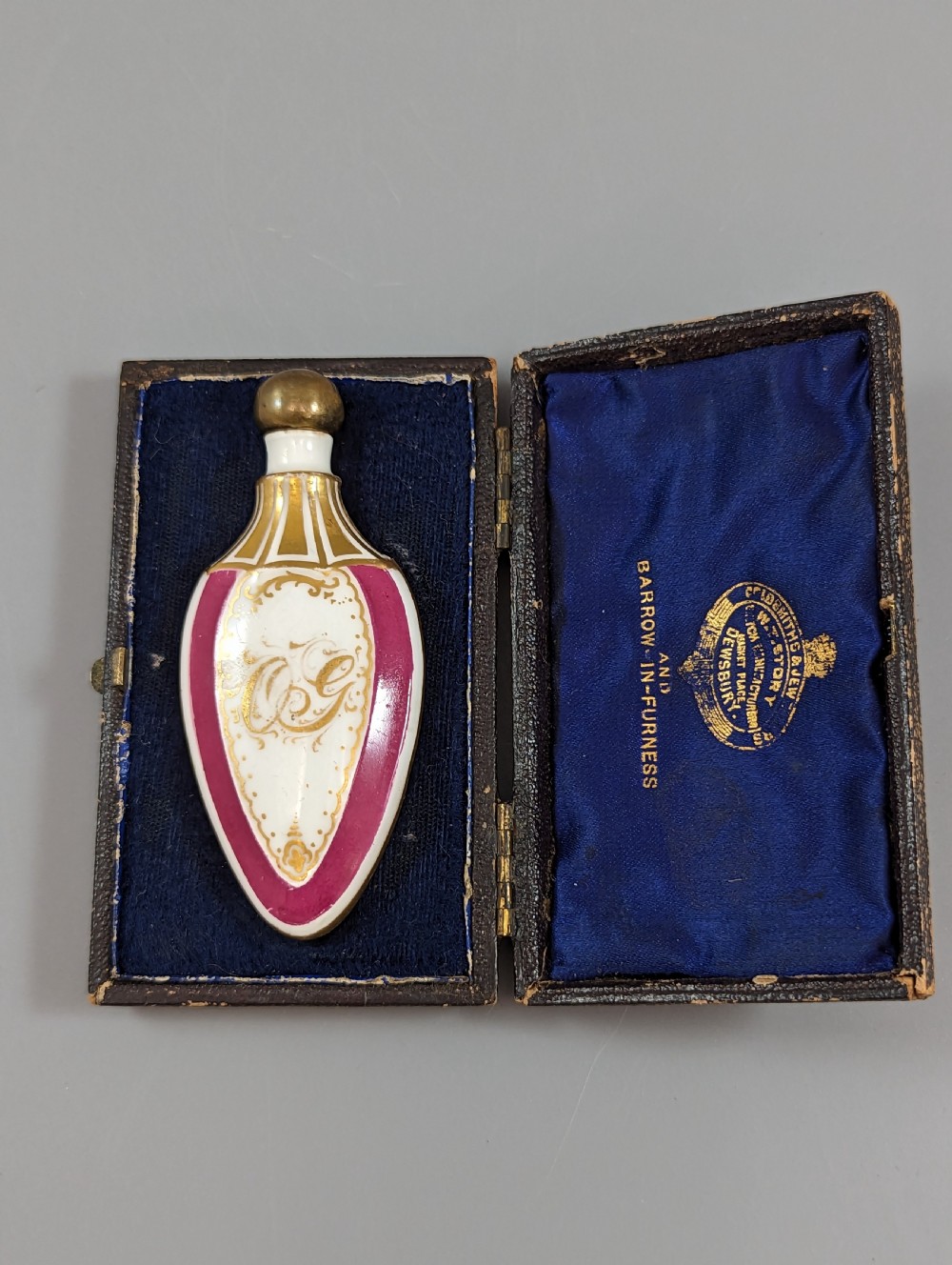 Cased antique French pomander scent bottle hand-painted with flowers , Enamel, Gilt, Porcelain
 View II