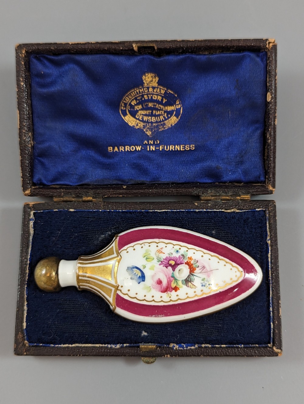 Cased antique French pomander scent bottle hand-painted with flowers , Enamel, Gilt, Porcelain
 View III