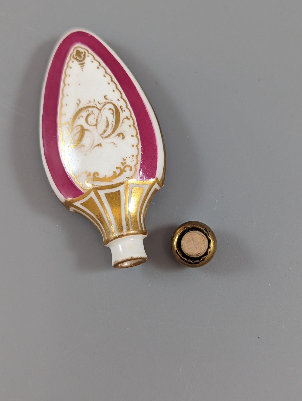 Cased antique French pomander scent bottle hand-painted with flowers , Enamel, Gilt, Porcelain
 View IV