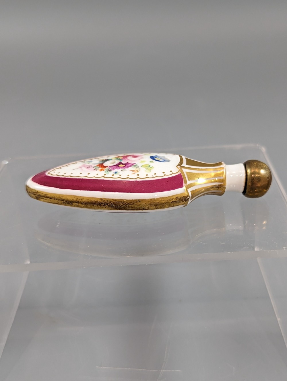 Cased antique French pomander scent bottle hand-painted with flowers , Enamel, Gilt, Porcelain
 View V