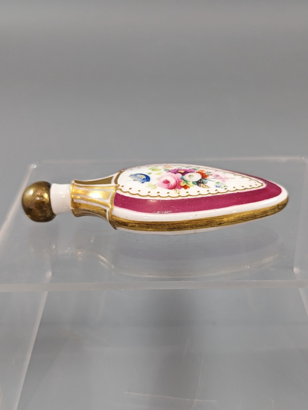 Cased antique French pomander scent bottle hand-painted with flowers , Enamel, Gilt, Porcelain
 View VII