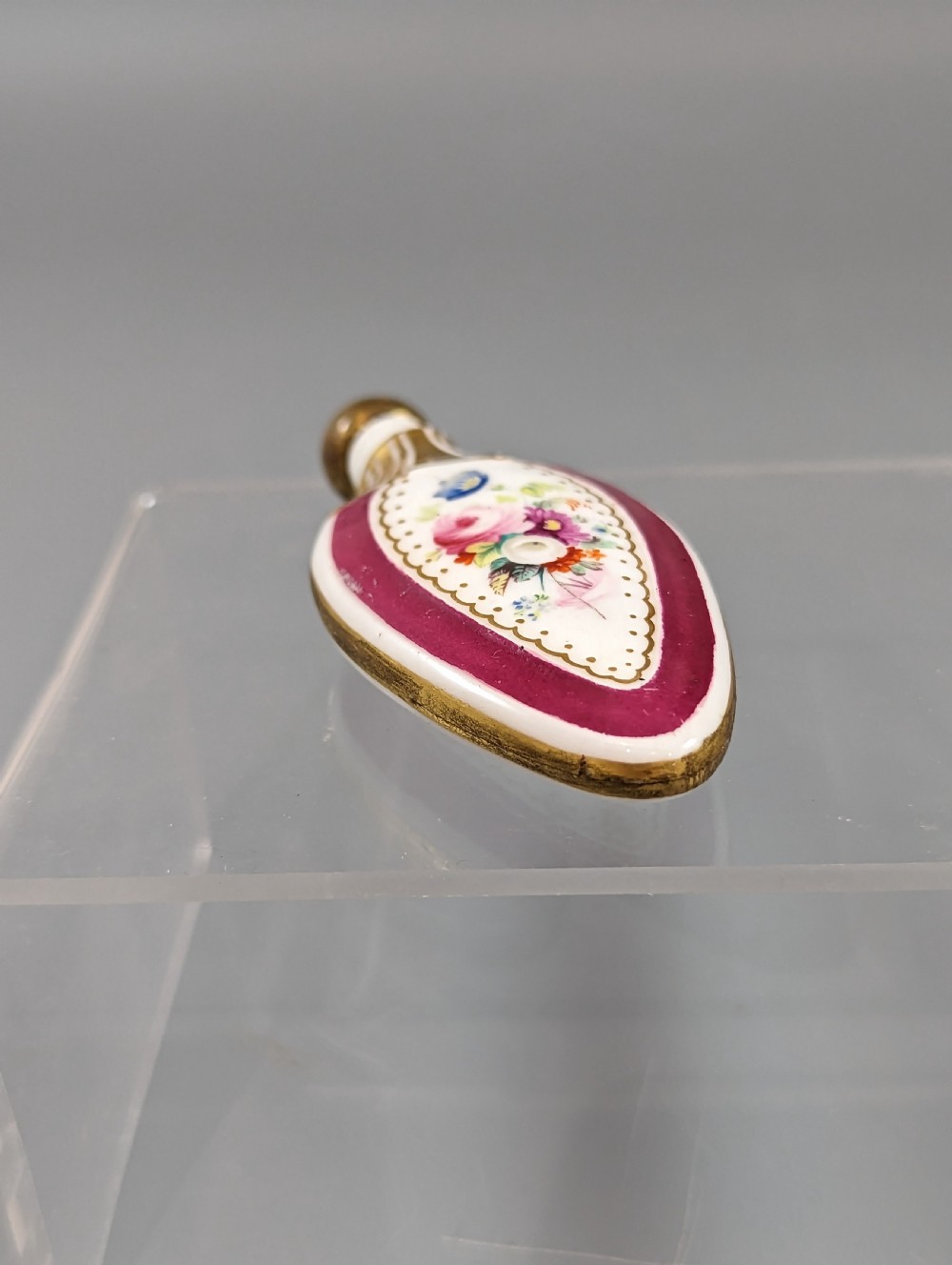 Cased antique French pomander scent bottle hand-painted with flowers , Enamel, Gilt, Porcelain
 View VIII