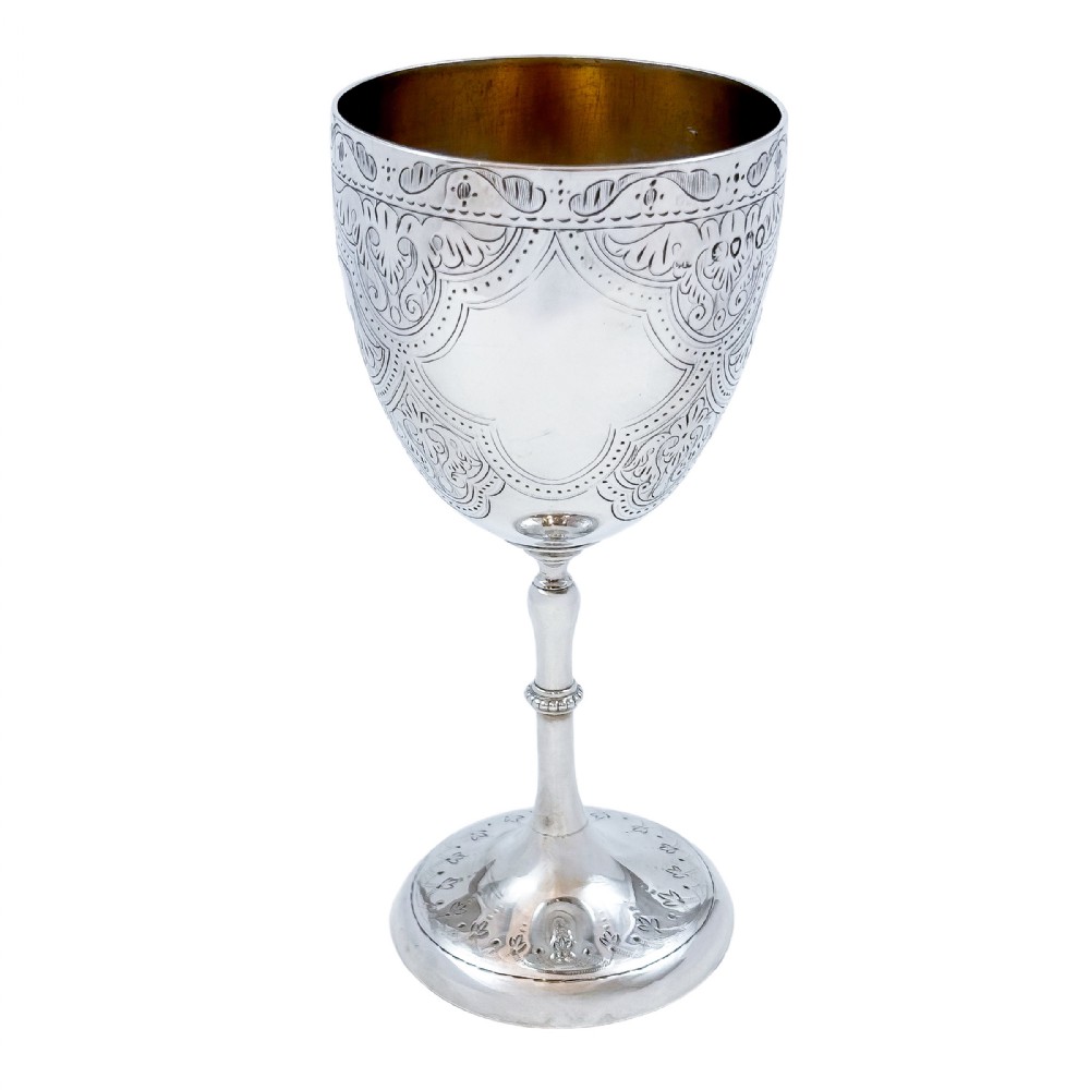 Antique mid-Victorian sterling silver chalice goblet with arabesque motif, inscribed 