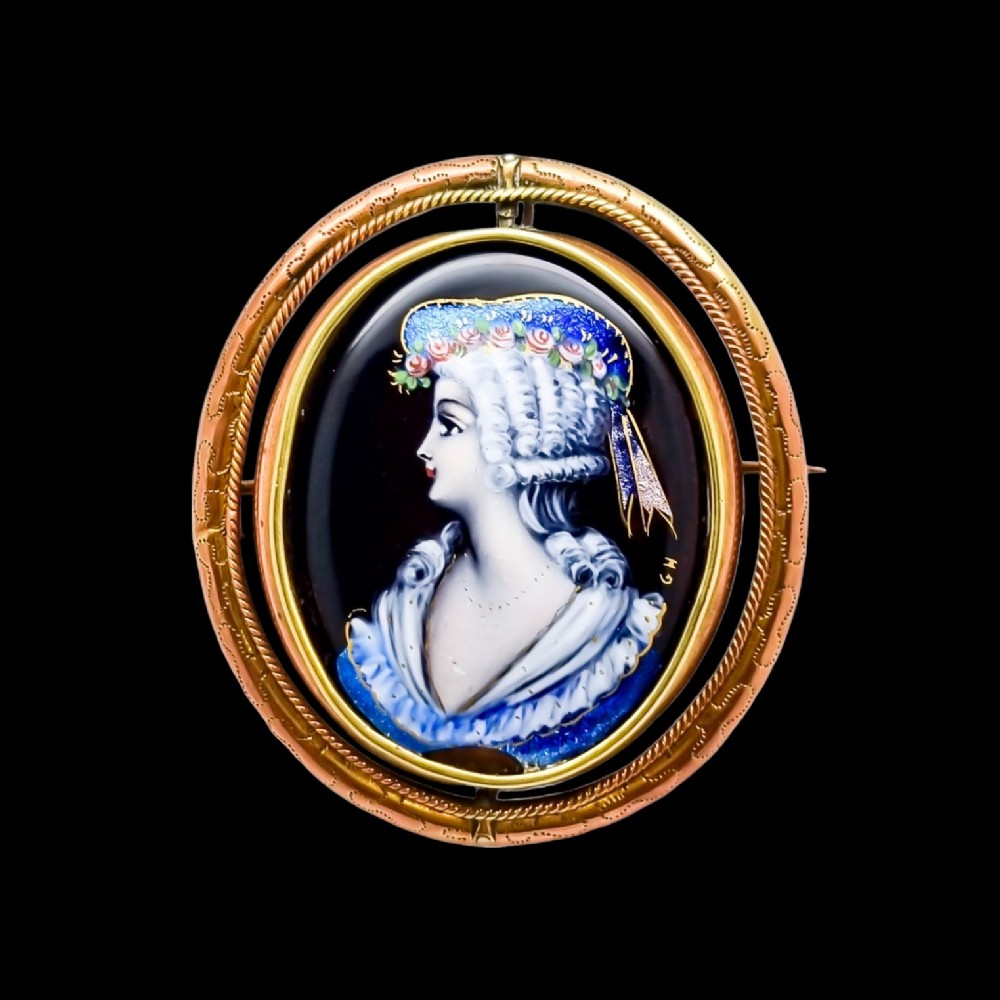 Antique large French Limoges enamel Email d'Art portrait of lady swivel brooch signed 