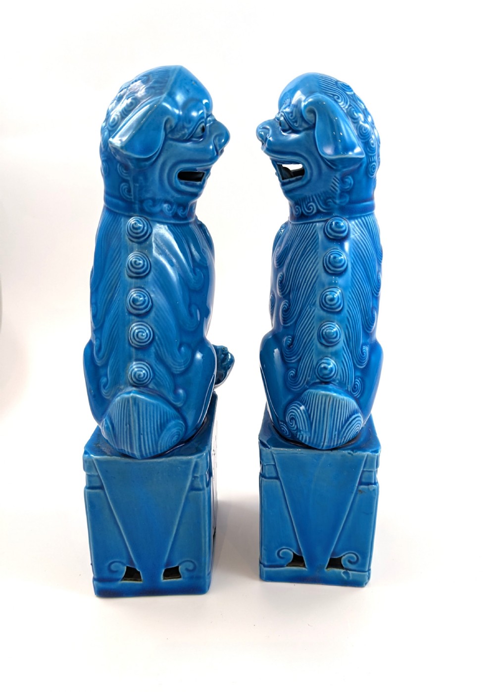 Pair of turquoise enamel porcelain Foo dogs China View II
