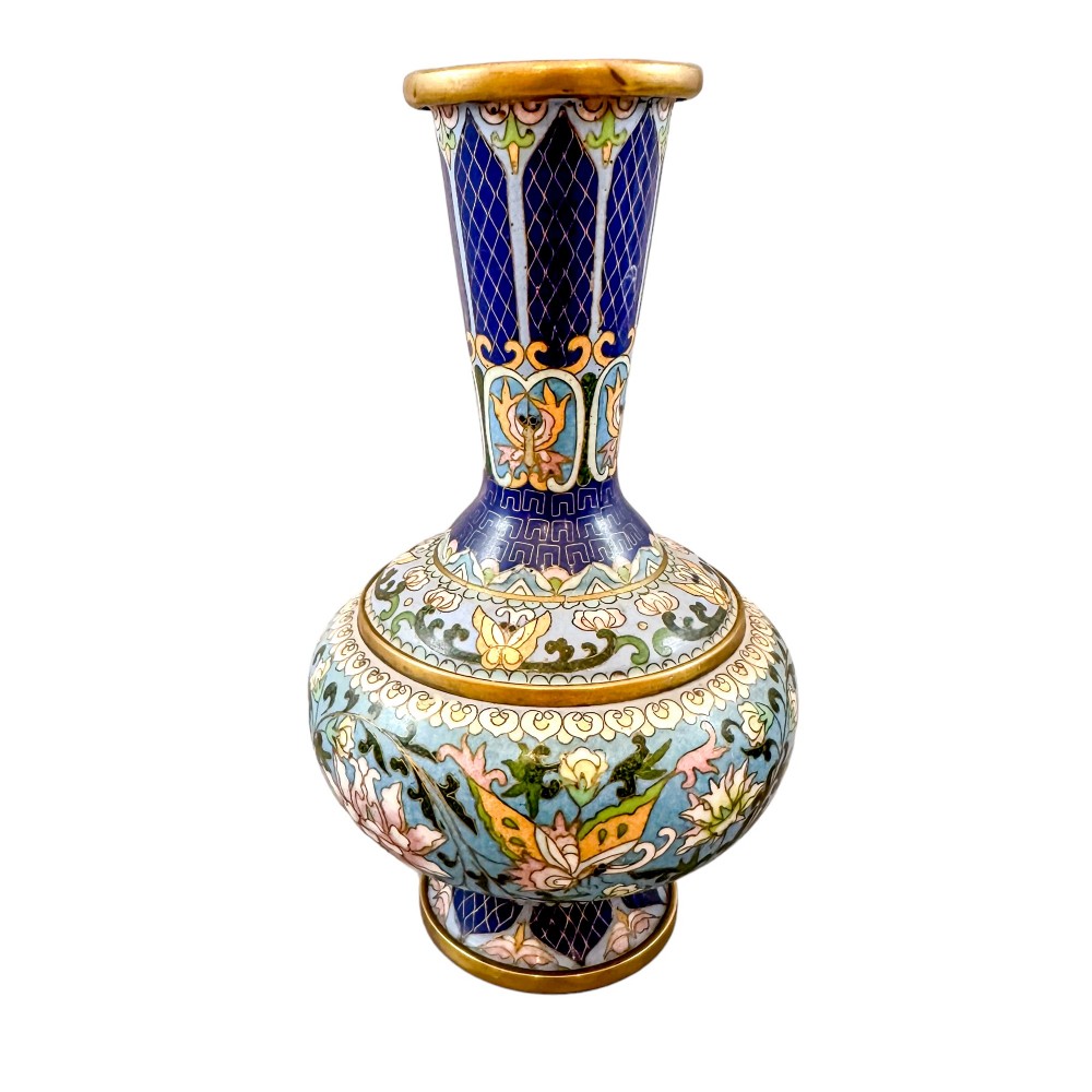 Chinese Republic blue cloisonné enamel and bronze butterfly and floral vase