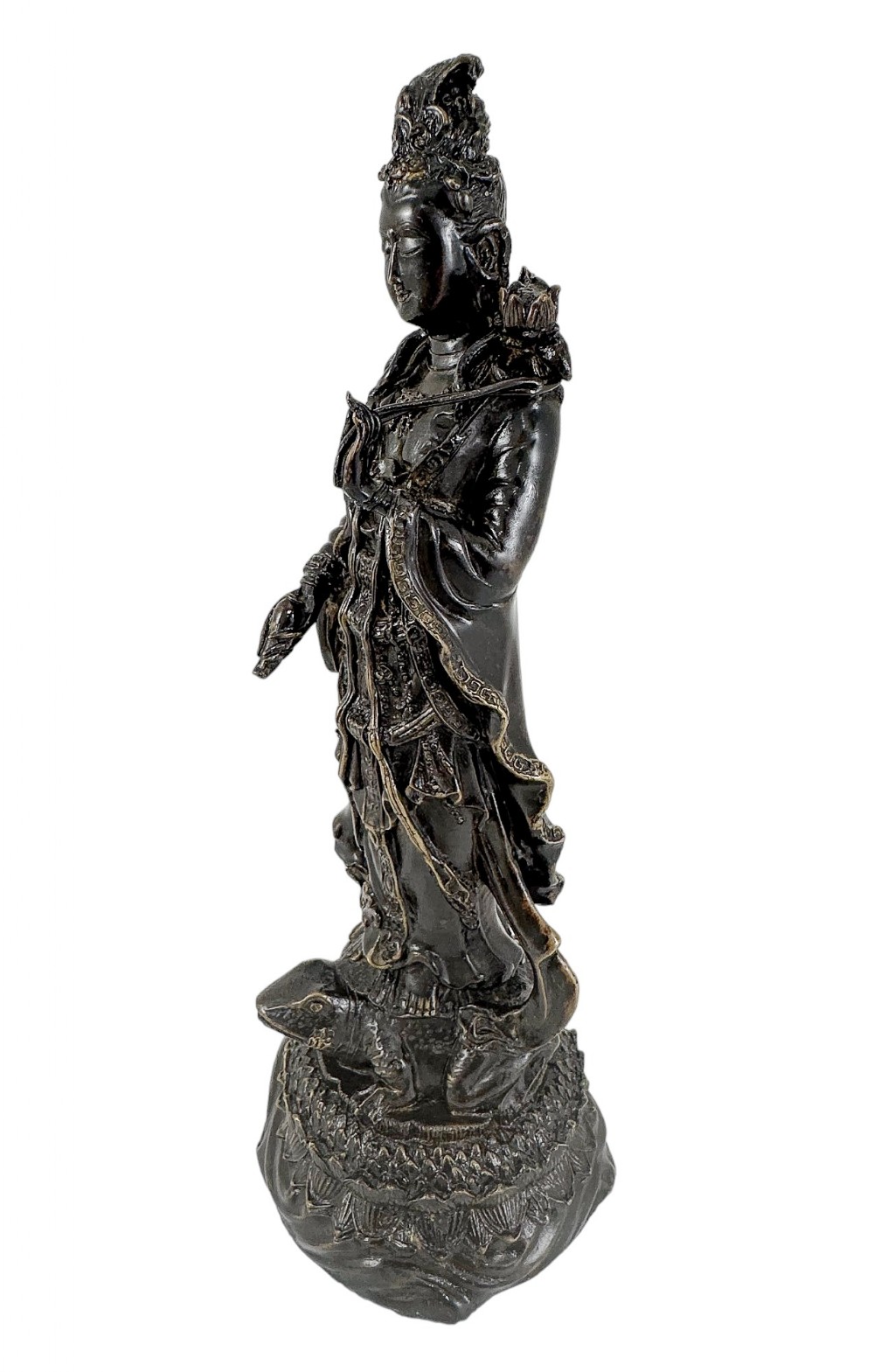 Antique Chinese bronze tall statue of Guanyin resting on frog on lotus flower