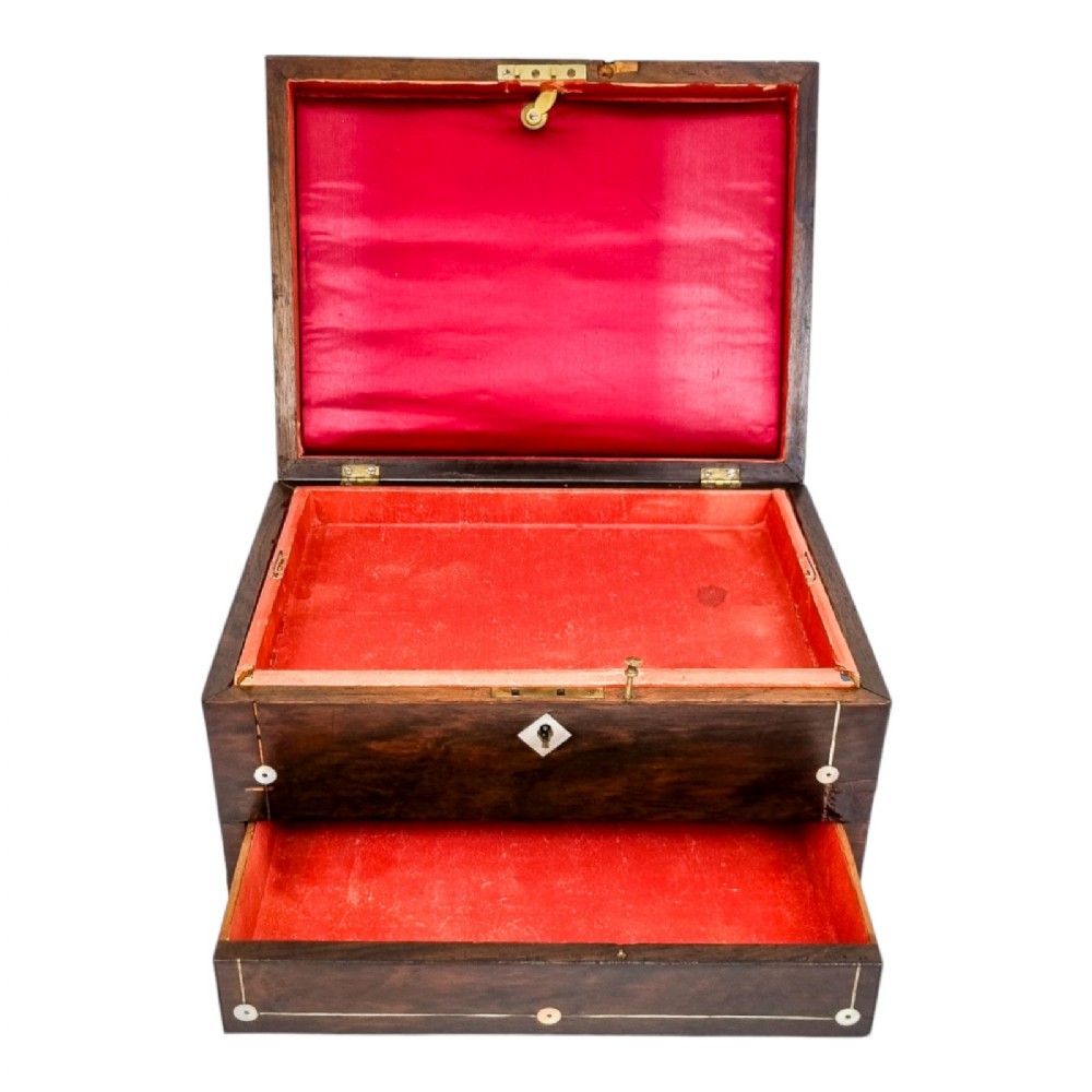 Antique Victorian rosewood jewellery case/ lady's work box inlaid with mother-of-pearl