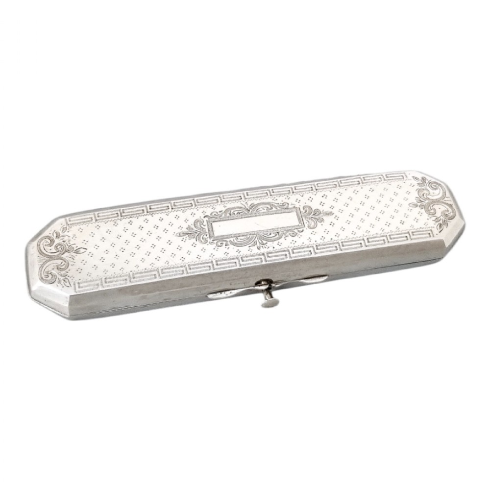 Antique 1880's Dutch silver spectacle glasses case, engine turned, Greek key, vacant cartouche, Neoclassical