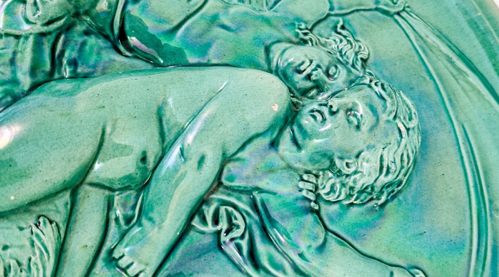 French 1890's Clement Massier huge iridescent turquoise wall charger with putti riding dolphins / sea monsters View XI
