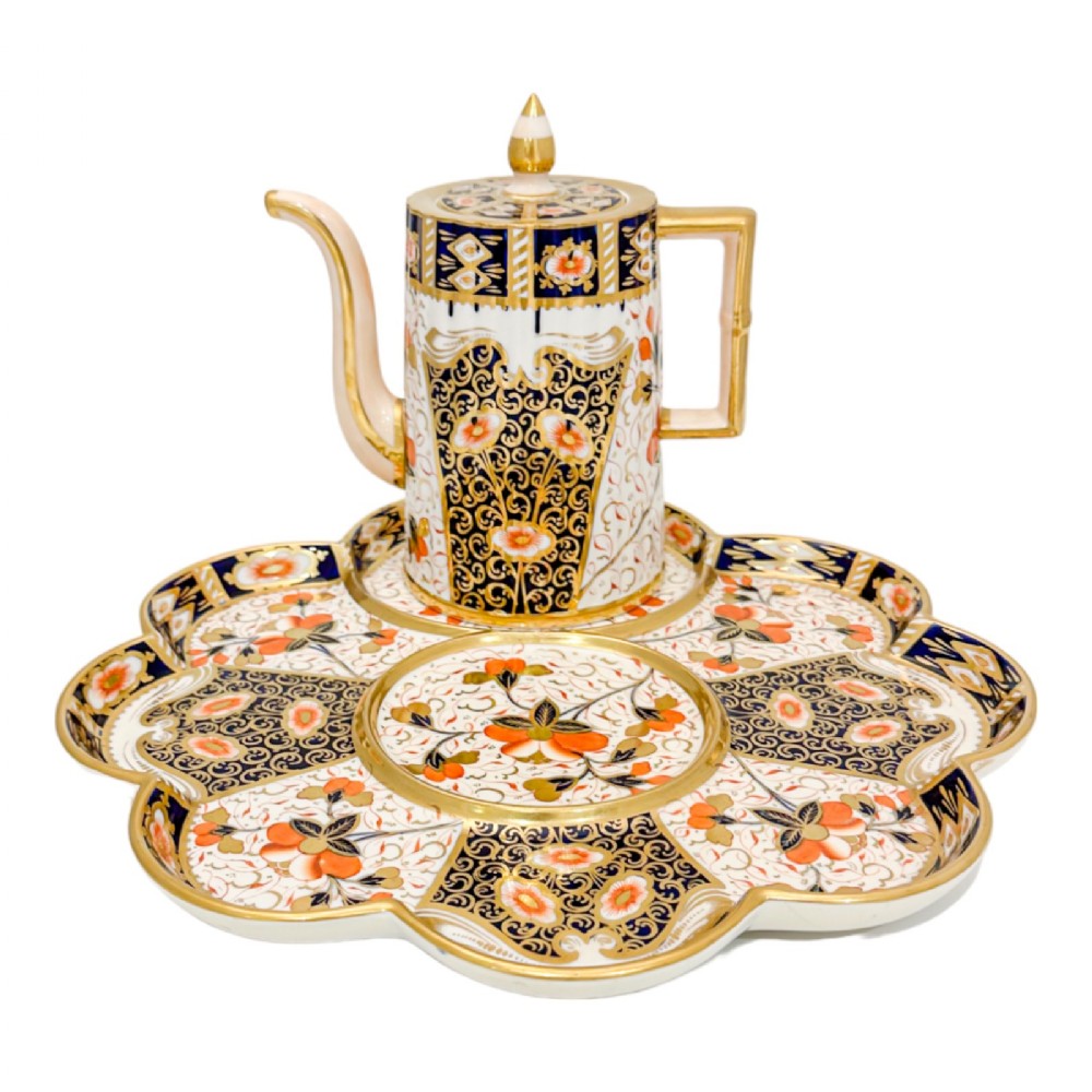 Victorian Davenport porcelain Imari gold, cobalt blue and red cabaret tray with coffee pot