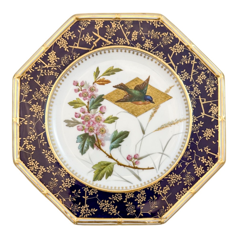 Antique Aesthetic Movement octagonal Wedgwood porcelain plate, gilt floral and bird design