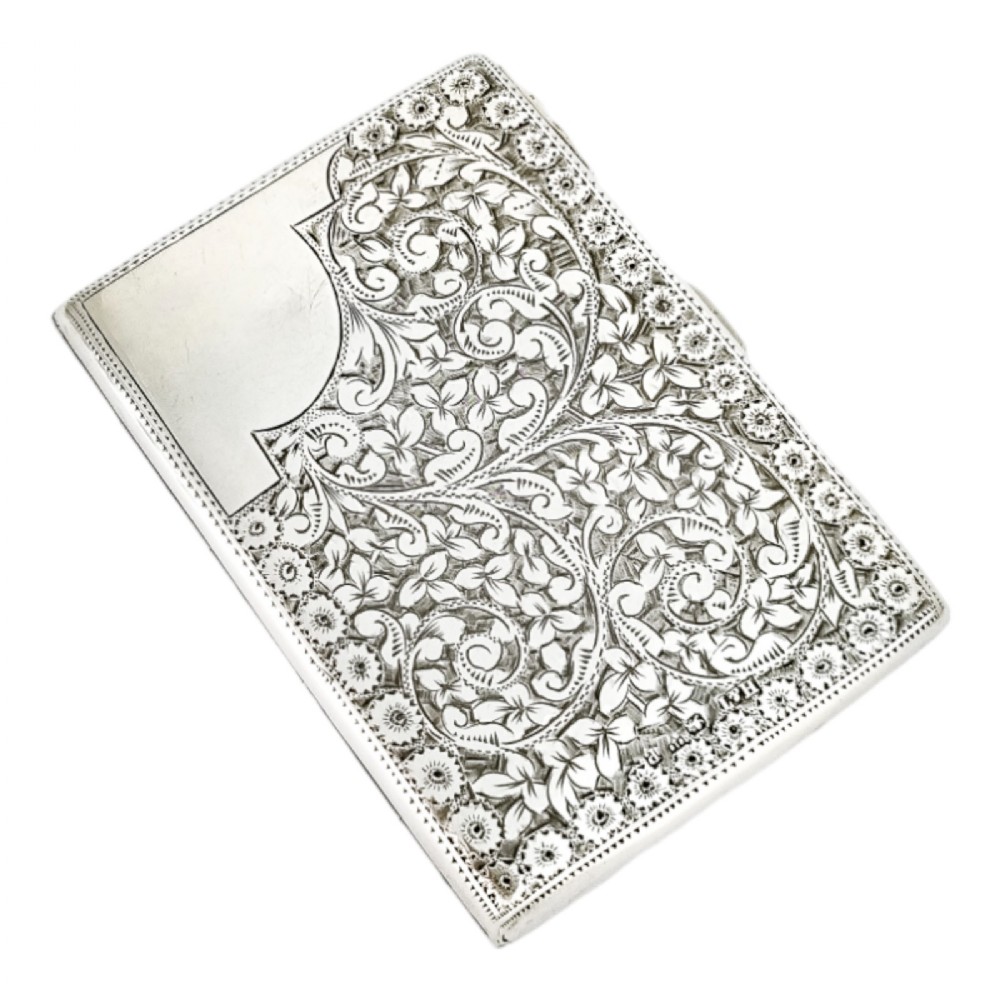 Antique Victorian Chester sterling silver large silk concertina card case, engraved with scrolls
