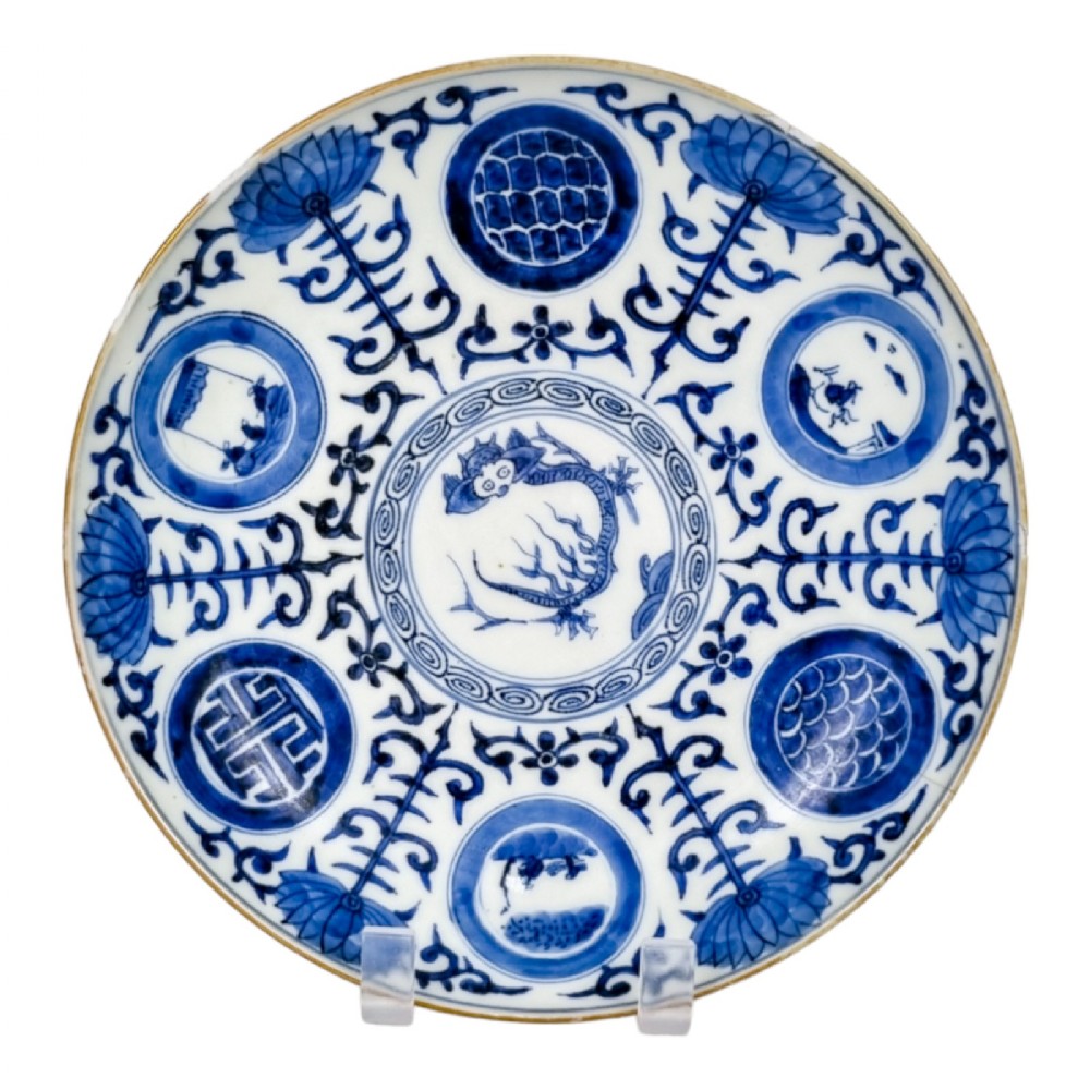 Japanese Edo blue and white porcelain charger with dragon and lotus flowers