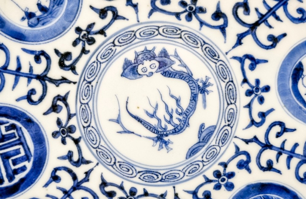 Japanese Edo blue and white porcelain charger with dragon and lotus flowers View V