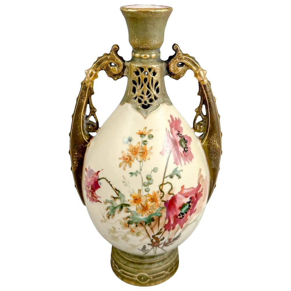 Art Nouveau Ernst Wahliss Turn Vienna two-handled amphora vase painted with poppies