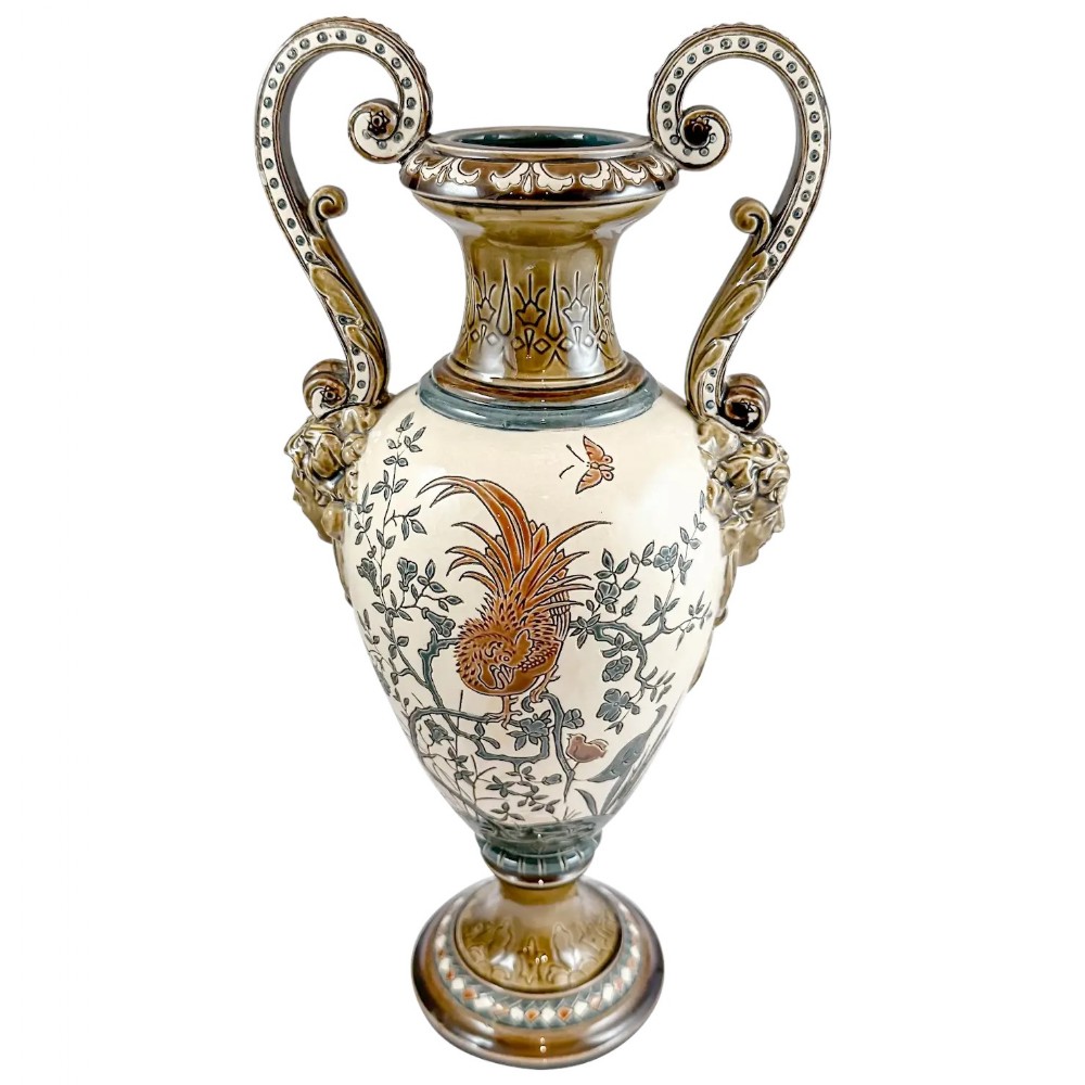 Art Nouveau Gerbing & Stephan majolica double handed pottery vase, Japanese bird motif, model 4605