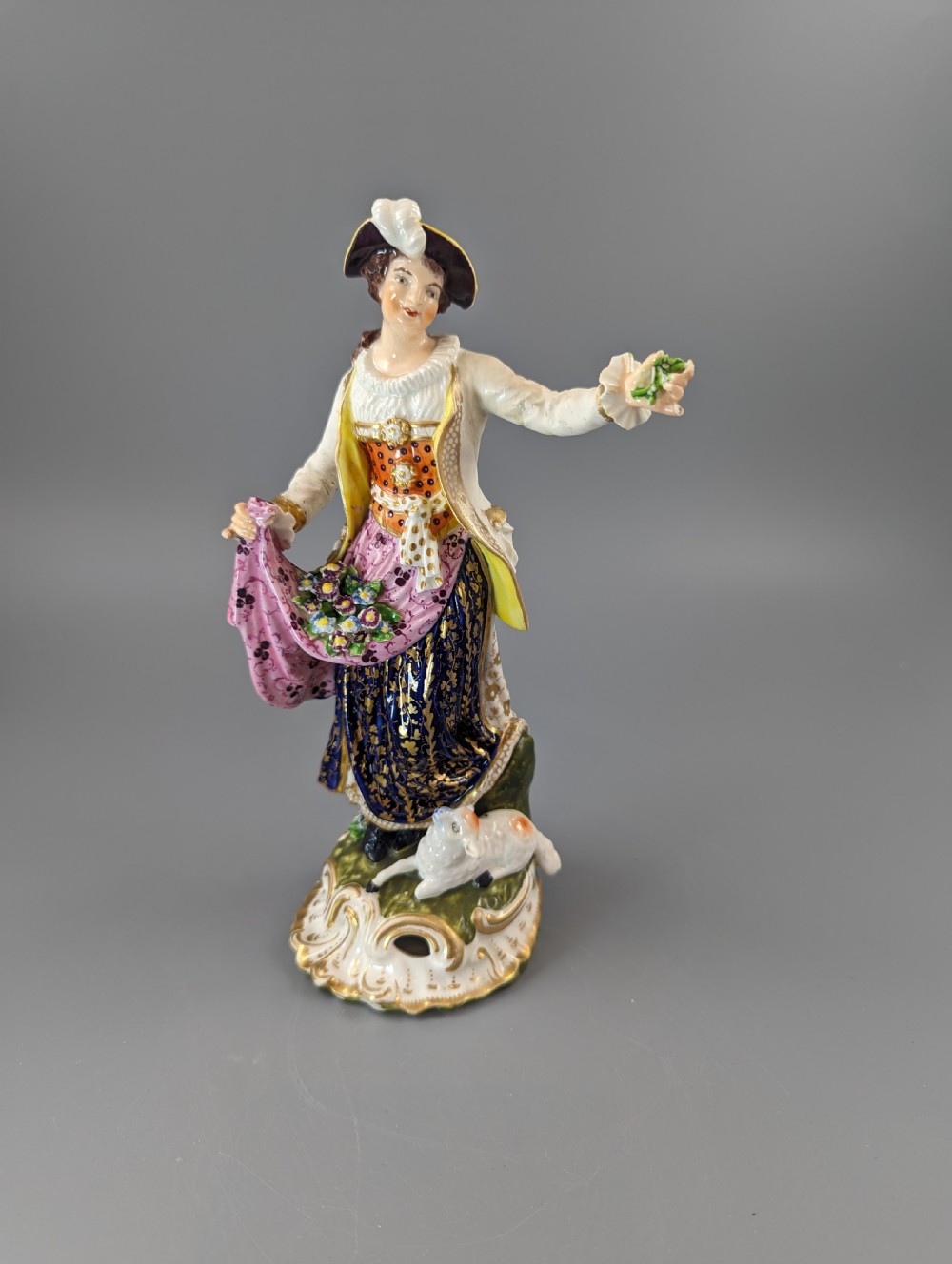 Antique Georgian Derby porcelain figurine of a shepherdess, c.1830, Bloor period