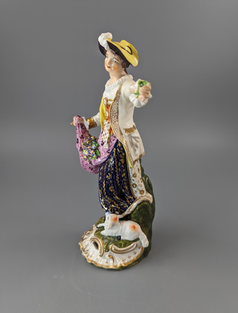 Antique Georgian Derby porcelain figurine of a shepherdess, c.1830, Bloor period View II