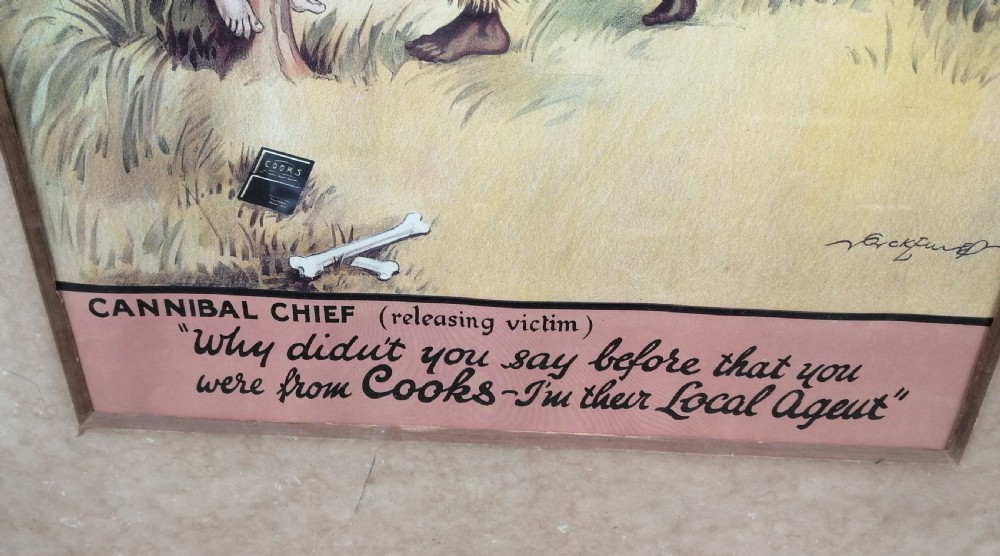 A framed 1930s colour travel agency cartoon advertisement illustrating a scene with a traveler tied to a tree near tropical huts and a cooking pot. View III