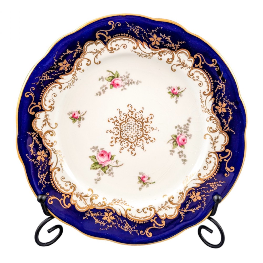 Antique Coalport dessert plate, hand-painted roses and gilt scrolls