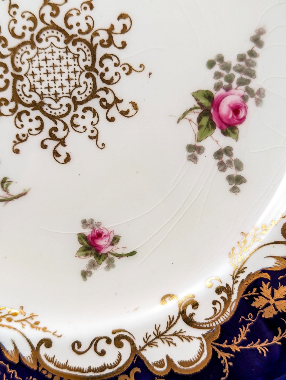 Antique Coalport dessert plate, hand-painted roses and gilt scrolls View III
