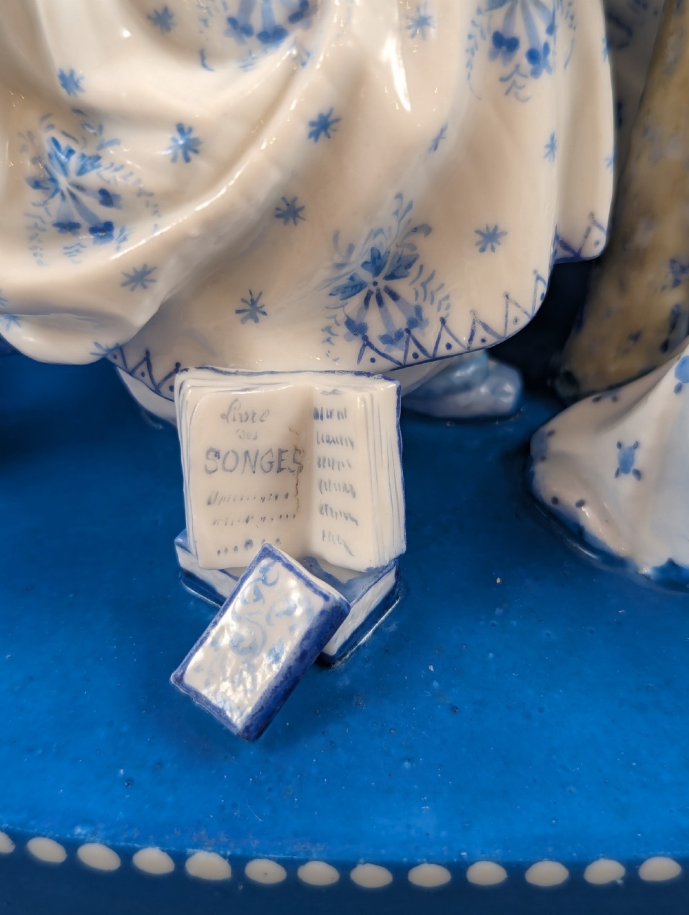 Late 19th-century French blue and white glazed porcelain figurine group depicting four figures gathered around a table fortune-telling on an oval blue base. View XI