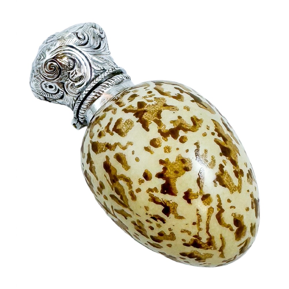 Antique Victorian novelty silver and ceramic scent bottle in the form of bird's egg, after Sampson Mordan