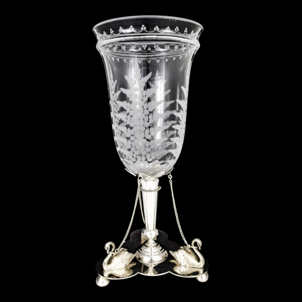 Antique mid-Victorian Mappin & Webb glass celery vase engraved with ferns on silver plated swan stand