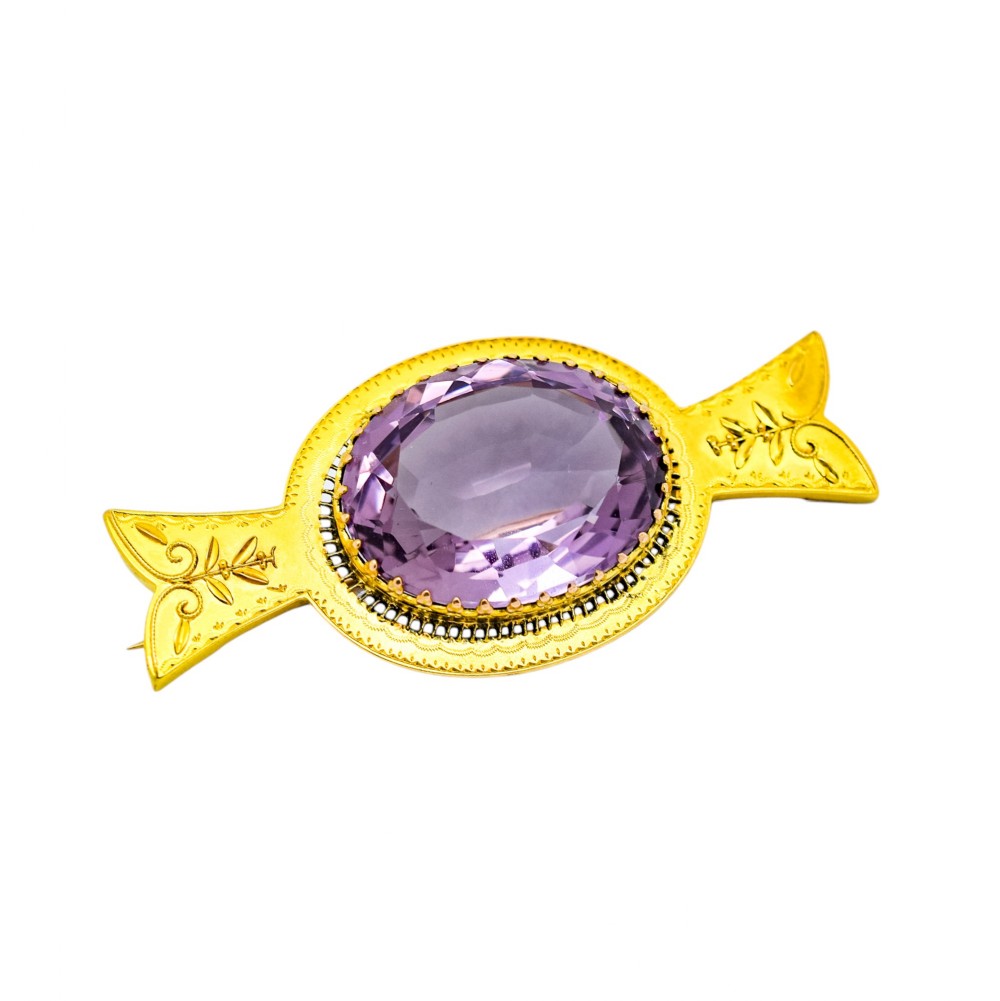Antique Victorian Etruscan revival 18ct yellow gold brooch, 28ct amethyst, 1892