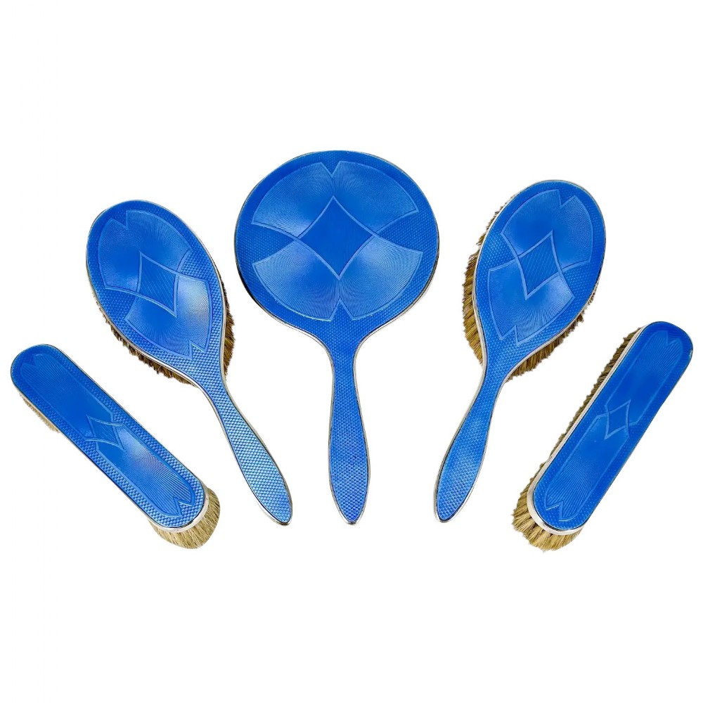 Antique Art Deco Asprey silver and blue guilloche enamel vanity brush mirror set