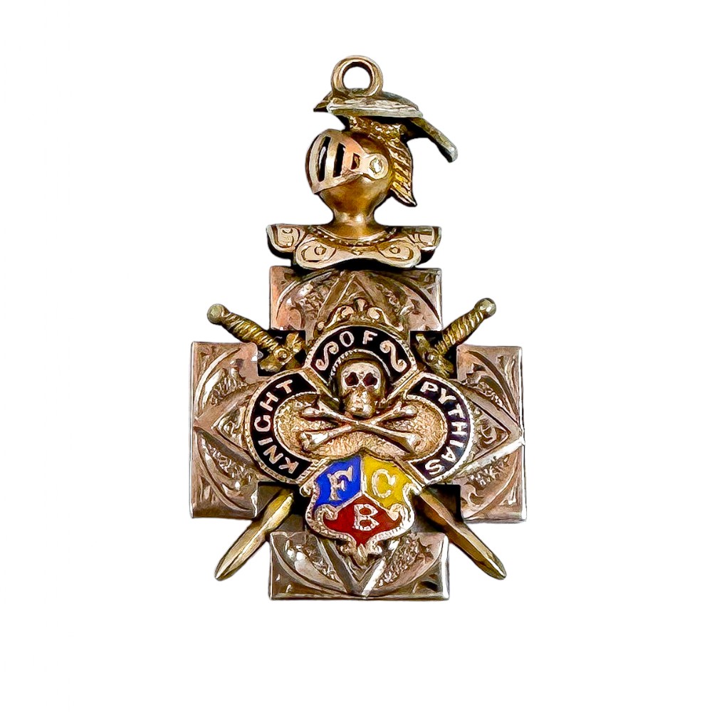 10k yellow gold Knights of Pythias secret society watch fob pendant with ruby skull and crossbones