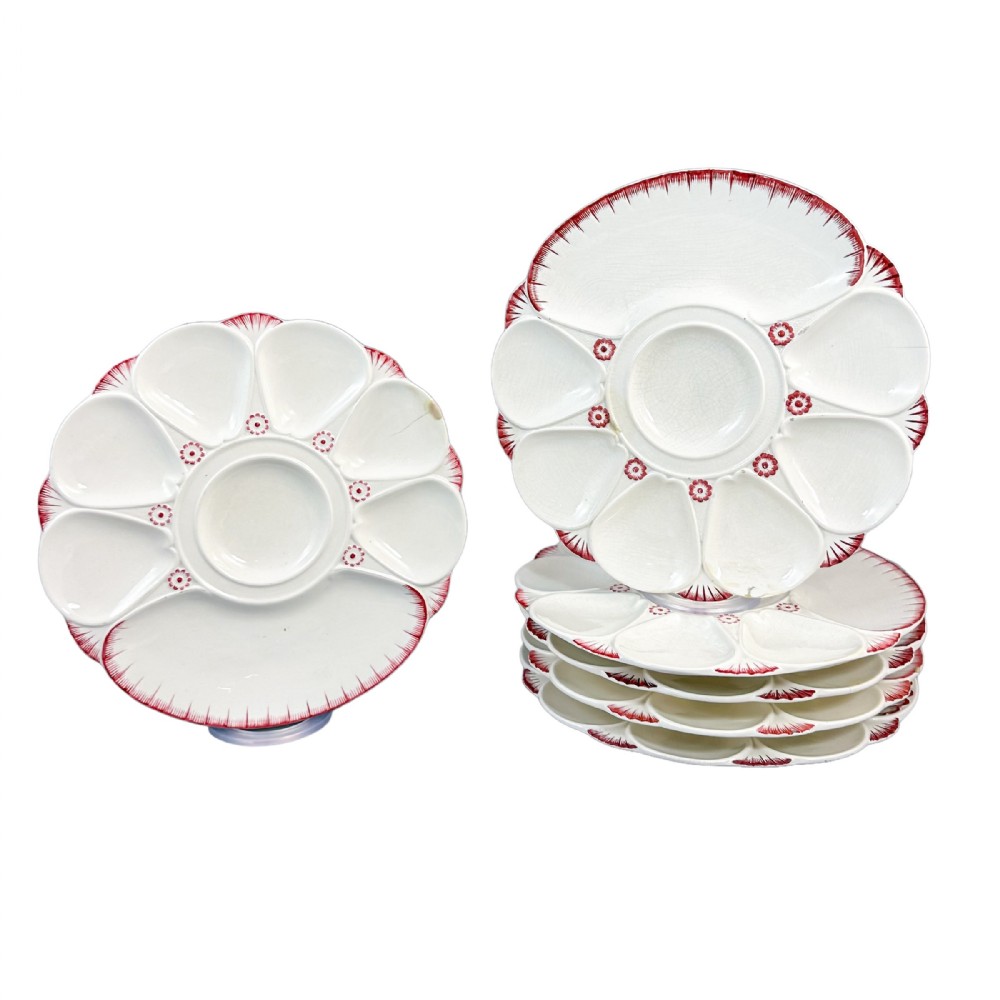 Antique set of six mid-Victorian English Minton majolica white and pink oyster plates