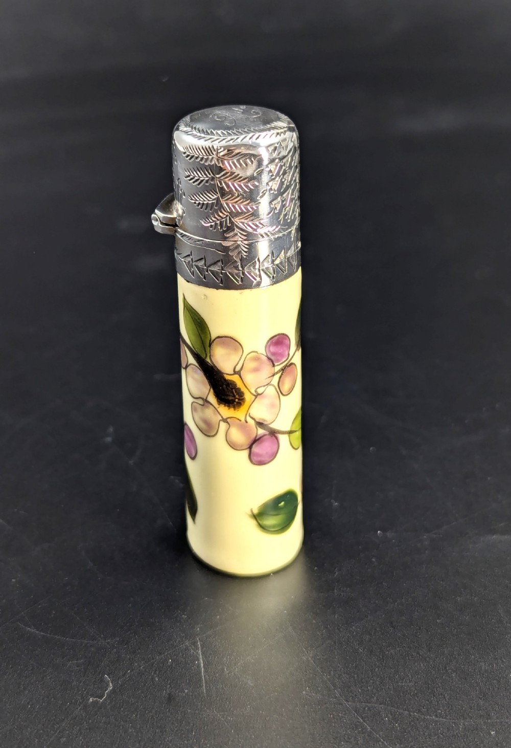 Antique  Hand Painted Ceramic Scent, Perfume Bottle Repousse Sterling Silver Top 
