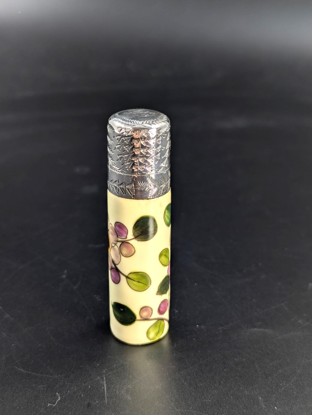 Antique  Hand Painted Ceramic Scent, Perfume Bottle Repousse Sterling Silver Top  View II