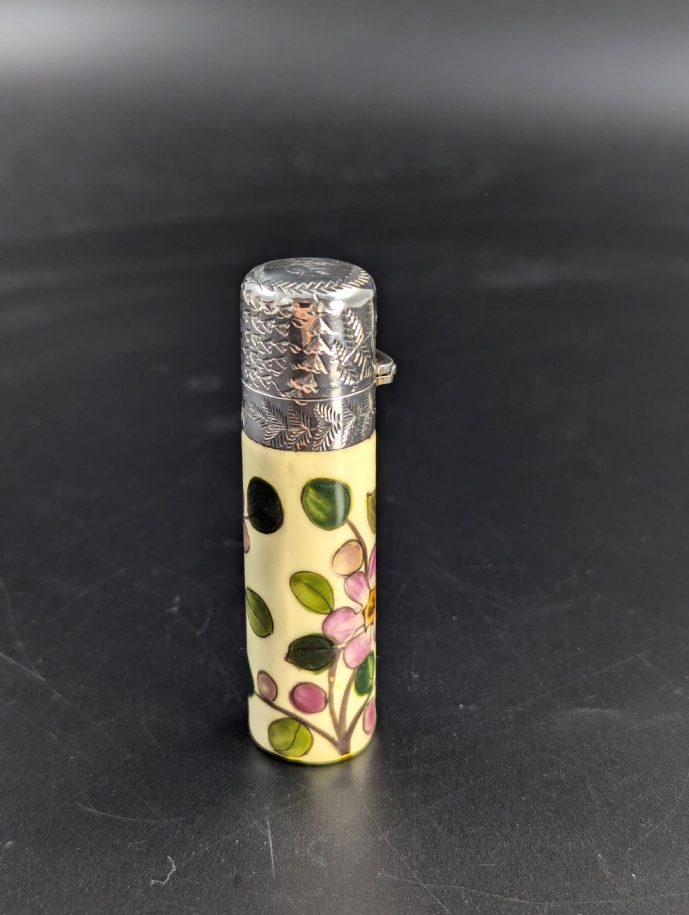 Antique  Hand Painted Ceramic Scent, Perfume Bottle Repousse Sterling Silver Top  View III